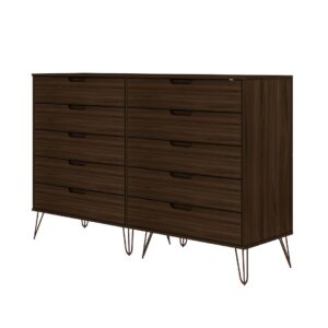 Manhattan Comfort Rockefeller 10-Drawer Double Tall Dresser with Metal Legs in Brown