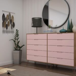 Manhattan Comfort Rockefeller 10-Drawer Double Tall Dresser with Metal Legs in Nature and Rose Pink