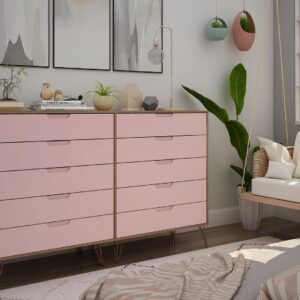 Manhattan Comfort Rockefeller 10-Drawer Double Tall Dresser with Metal Legs in Nature and Rose Pink