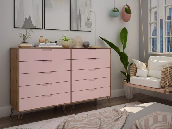 Manhattan Comfort Rockefeller 10-Drawer Double Tall Dresser with Metal Legs in Nature and Rose Pink