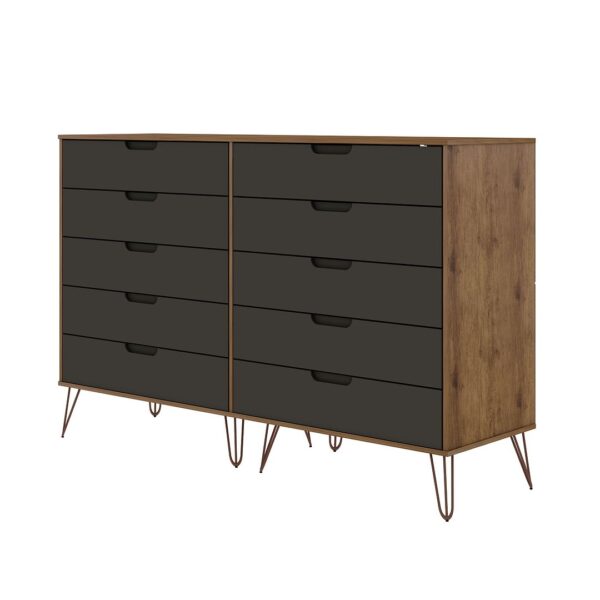 Manhattan Comfort Rockefeller 10-Drawer Double Tall Dresser with Metal Legs in Nature and Textured Grey