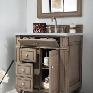 James Martin 157-V30-WW-3ENC Bristol 30 Inch Single Vanity Cabinet with Ethereal Noctis Quartz Top - Whitewashed Walnut