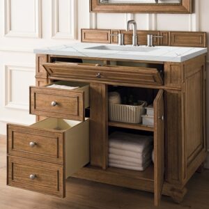 James Martin 157-V36-SBR-3ENC Bristol 36 Inch Single Vanity Cabinet with Ethereal Noctis Quartz Top - Saddle Brown