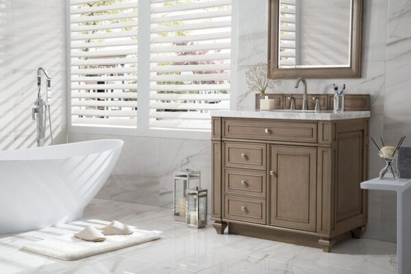 James Martin 157-V36-WW-3CAR Bristol 36 Inch Single Vanity in Whitewashed Walnut with 3 cm Carrara Marble Top