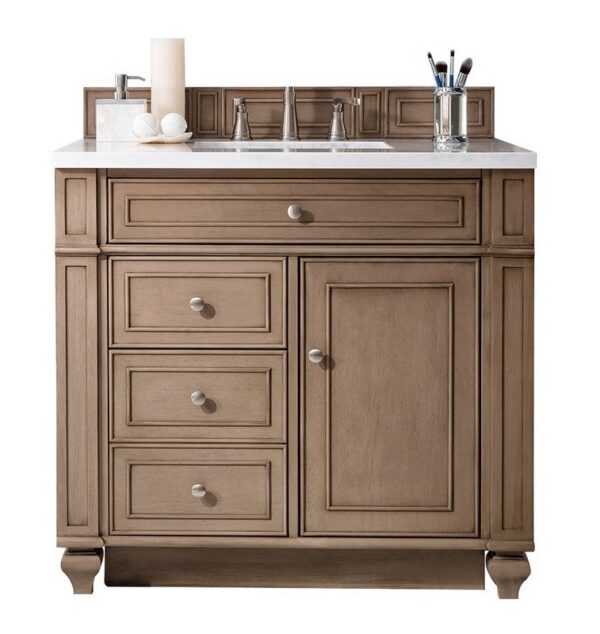 James Martin 157-V36-WW-3AF Bristol 36 Inch Single Vanity in Whitewashed Walnut with 3 cm Arctic Fall Solid Surface Top