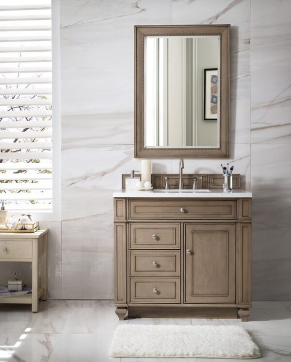 James Martin 157-V36-WW-3AF Bristol 36 Inch Single Vanity in Whitewashed Walnut with 3 cm Arctic Fall Solid Surface Top