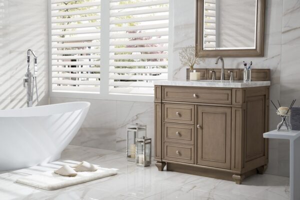 James Martin 157-V36-WW-3AF Bristol 36 Inch Single Vanity in Whitewashed Walnut with 3 cm Arctic Fall Solid Surface Top