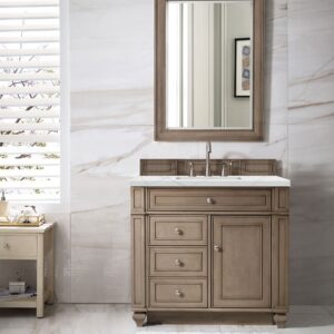 James Martin 157-V36-WW-3ENC Bristol 36 Inch Single Vanity Cabinet with Ethereal Noctis Quartz Top - Whitewashed Walnut