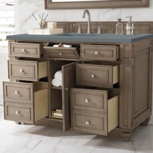 James Martin 157-V48-WW-3CBL Bristol 48 Inch Single Vanity Cabinet with Cala Blue Quartz Top - Whitewashed Walnut