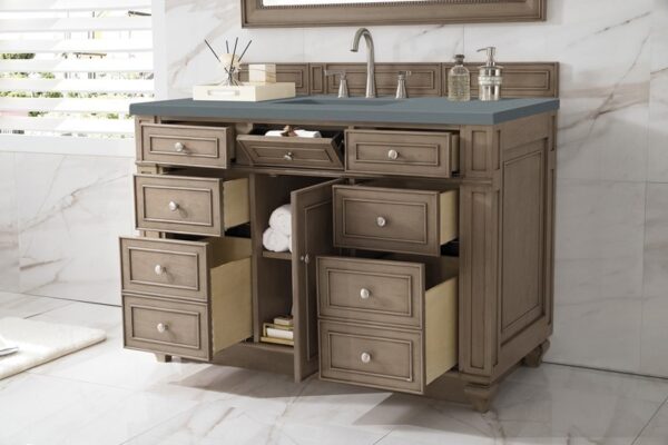 James Martin 157-V48-WW-3CBL Bristol 48 Inch Single Vanity Cabinet with Cala Blue Quartz Top - Whitewashed Walnut