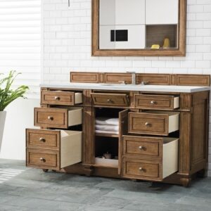 James Martin 157-V60S-SBR-3ENC Bristol 60 Inch Single Vanity Cabinet with Ethereal Noctis Quartz Top - Saddle Brown