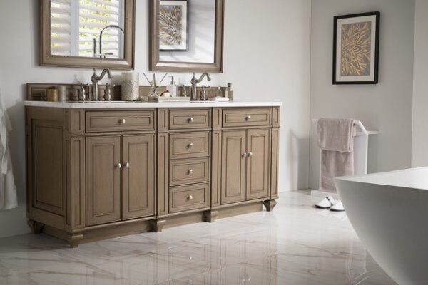 James Martin 157-V72-WW-3CAR Bristol 72 Inch Double Vanity in Whitewashed Walnut with 3 cm Carrara Marble Top