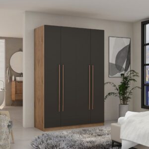 Manhattan Comfort Gramercy Modern 2-Section Freestanding Wardrobe Armoire Closet in Nature and Textured Grey