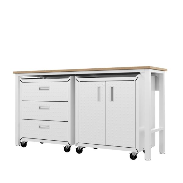 Manhattan Comfort 3-Piece Fortress Mobile Space-Saving Steel Garage Cabinet and Worktable 3.0 in White