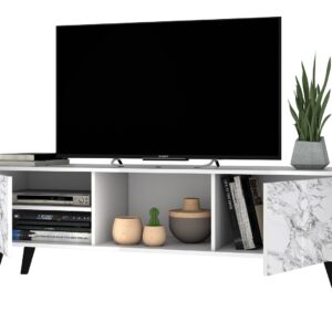 Manhattan Comfort Doyers 53.15 Mid-Century Modern TV Stand in White and Marble Stamp