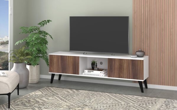 Manhattan Comfort Doyers 62.20 Mid-Century Modern TV Stand in White and Nut Brown