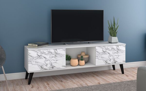 Manhattan Comfort Doyers 62.20 Mid-Century Modern TV Stand in White and Marble Stamp