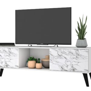 Manhattan Comfort Doyers 62.20 Mid-Century Modern TV Stand in White and Marble Stamp