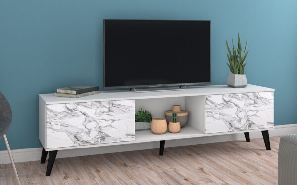 Manhattan Comfort Doyers 70.87 Mid-Century Modern TV Stand in White and Marble Stamp