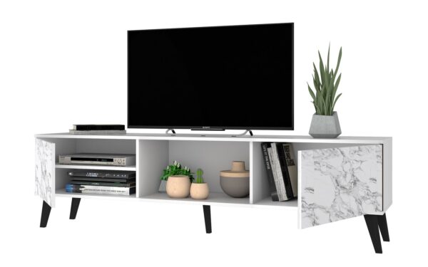 Manhattan Comfort Doyers 70.87 Mid-Century Modern TV Stand in White and Marble Stamp