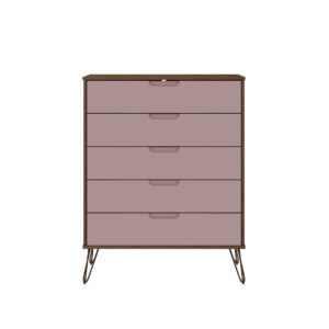 Manhattan Comfort Rockefeller 5-Drawer and 6-Drawer Nature and Rose Pink Dresser Set