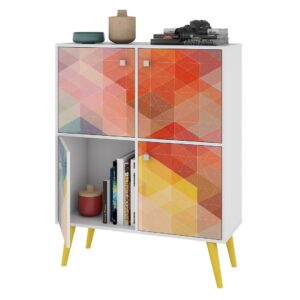 Manhattan Comfort Avesta 45.28 Mid-Century Modern High Double Cabinet with Funky Colorful Design and Solid Wood Legs in White, Color Stamp and Yellow