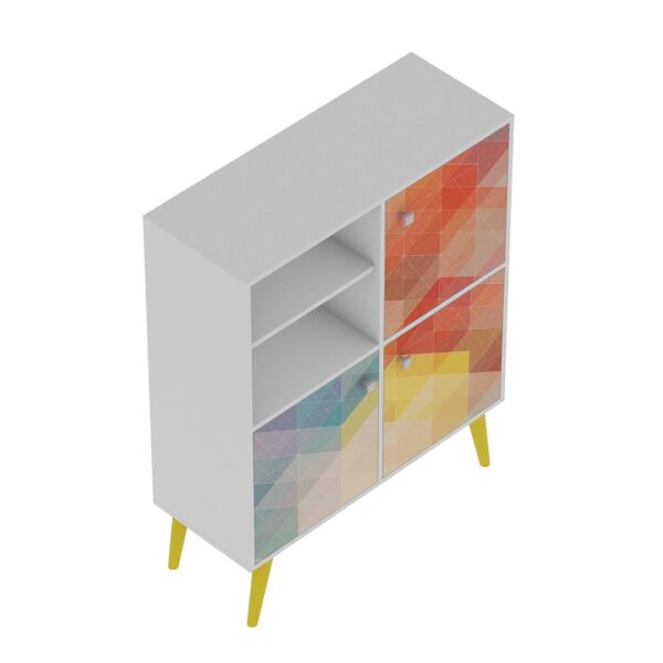 Manhattan Comfort Avesta 45.28 Mid-Century Modern High Double Cabinet with Funky Colorful Design and Solid Wood Legs in White, Color Stamp and Yellow