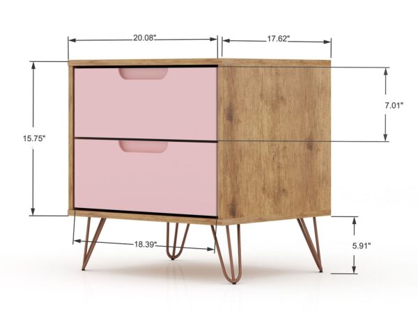 Manhattan Comfort Rockefeller 3-Piece Nature and Rose Pink Dresser and Nightstand Set