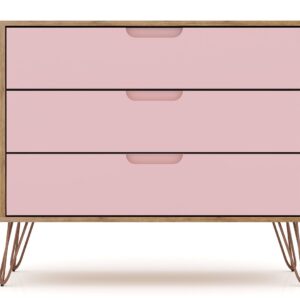 Manhattan Comfort Rockefeller 3-Piece Nature and Rose Pink Dresser and Nightstand Set