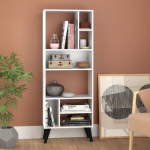 Manhattan Comfort Warren Tall Bookcase 1.0 with 8 Shelves in White with Black Feet