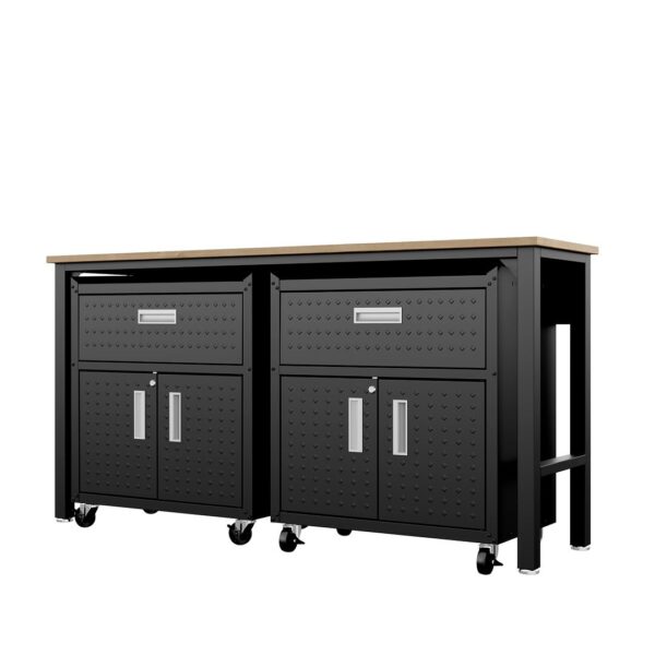 Manhattan Comfort 3-Piece Fortress Mobile Space-Saving Steel Garage Cabinet and Worktable 4.0 in Charcoal Grey