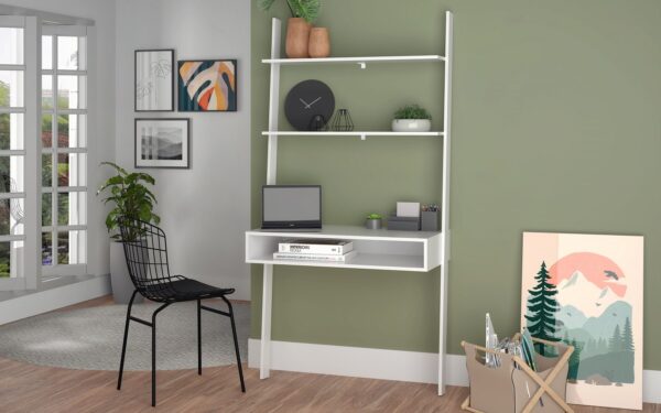 Manhattan Comfort Cooper Ladder Desk with 2 Floating Shelves in White