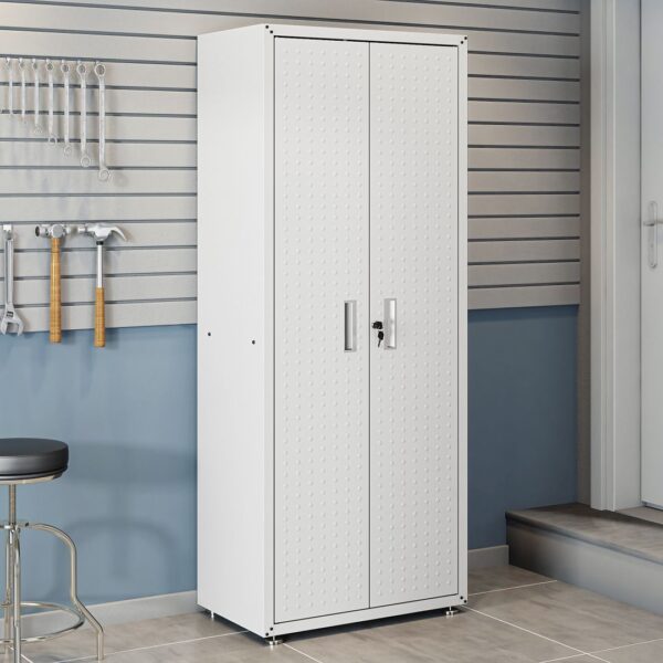 Manhattan Comfort Fortress Textured Metal 75.4" Garage Cabinet with 4 Adjustable Shelves in White