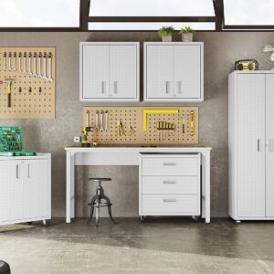 Manhattan Comfort Fortress Textured Metal 75.4" Garage Cabinet with 4 Adjustable Shelves in White