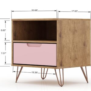 Manhattan Comfort Rockefeller 1-Drawer Nature and Rose Pink Nightstand (Set of 2)