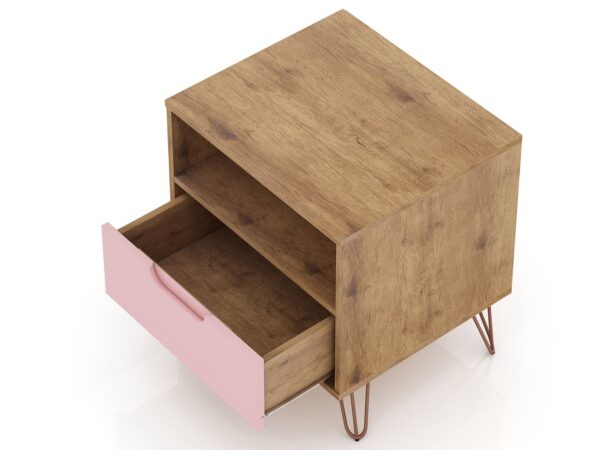 Manhattan Comfort Rockefeller 1-Drawer Nature and Rose Pink Nightstand (Set of 2)