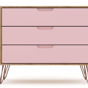 Manhattan Comfort Rockefeller 3-Drawer Nature and Rose Pink Dresser (Set of 2)