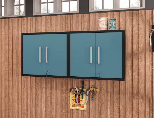 Manhattan Comfort Eiffel Floating Garage Cabinet in Matte Black and Aqua Blue (Set of 2)