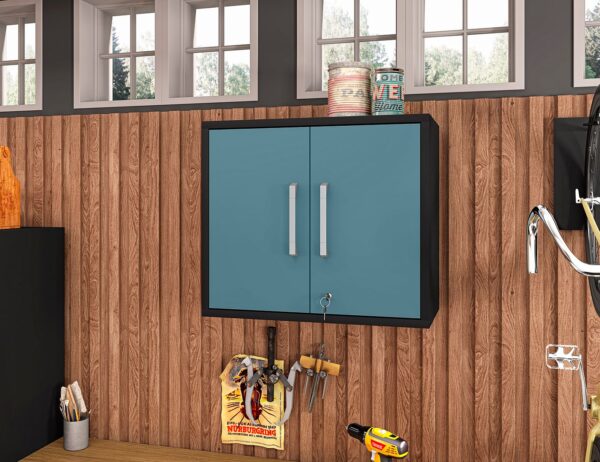 Manhattan Comfort Eiffel Floating Garage Cabinet in Matte Black and Aqua Blue (Set of 2)