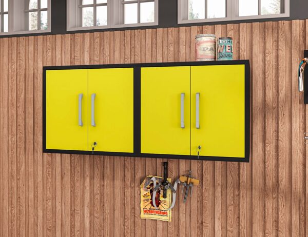 Manhattan Comfort Eiffel Floating Garage Cabinet in Matte Black and Yellow (Set of 2)