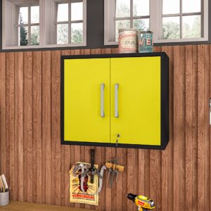 Manhattan Comfort Eiffel Floating Garage Cabinet in Matte Black and Yellow (Set of 2)