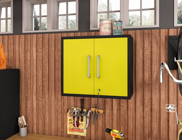 Manhattan Comfort Eiffel Floating Garage Cabinet in Matte Black and Yellow (Set of 2)