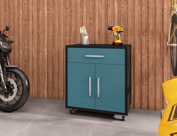 Manhattan Comfort Eiffel Mobile Garage Cabinet in Matte Black and Aqua Blue (Set of 2)