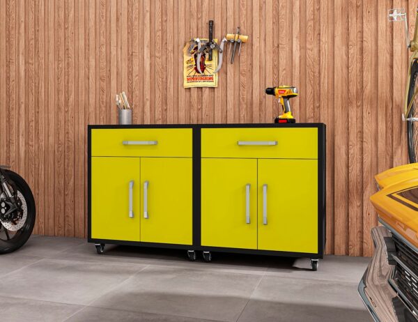 Manhattan Comfort Eiffel Mobile Garage Cabinet in Matte Black and Yellow (Set of 2)