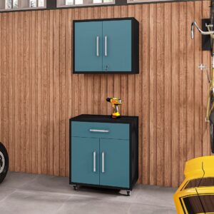 Manhattan Comfort Eiffel 2-Piece Storage Garage Set in Matte Black and Aqua Blue