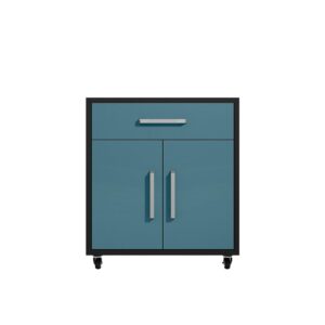 Manhattan Comfort Eiffel 2-Piece Storage Garage Set in Matte Black and Aqua Blue