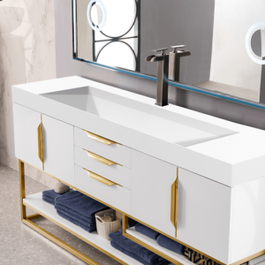 James Martin 388-V72S-GW-RG-GW Columbia 72 Inch Single Vanity in Glossy White, Radiant Gold with Glossy White Solid Surface Top