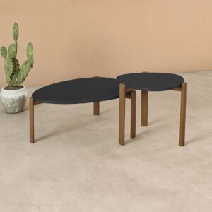 Manhattan Comfort Mid-Century Modern Gales End Table and Coffee Table with Solid Wood Legs in Black