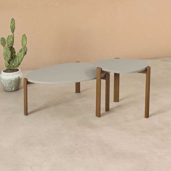 Manhattan Comfort Mid-Century Modern Gales End Table and Coffee Table with Solid Wood Legs in Greige