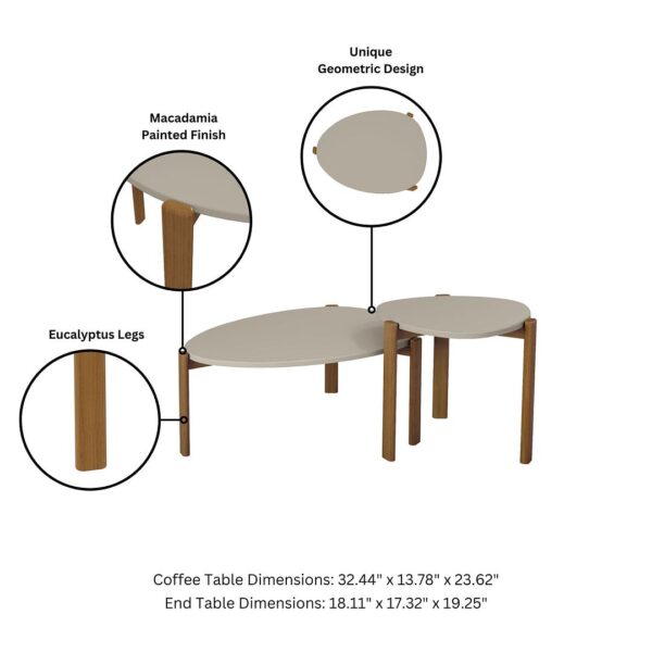 Manhattan Comfort Mid-Century Modern Gales End Table and Coffee Table with Solid Wood Legs in Greige